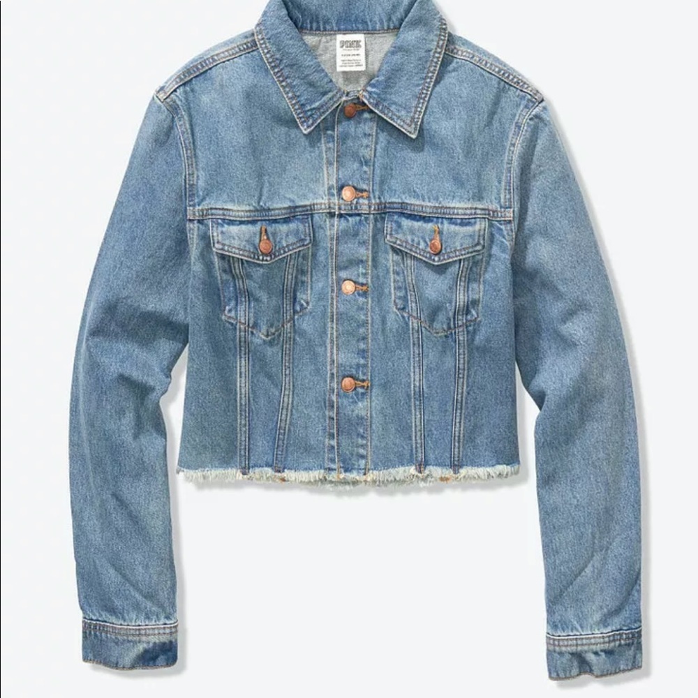 PINK Victoria Secret Cropped Oversized Raw Edge Denim Jean Jacket
